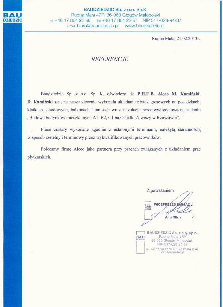 Referencja Baudziedzic Sp. z o.o. Sp.K.